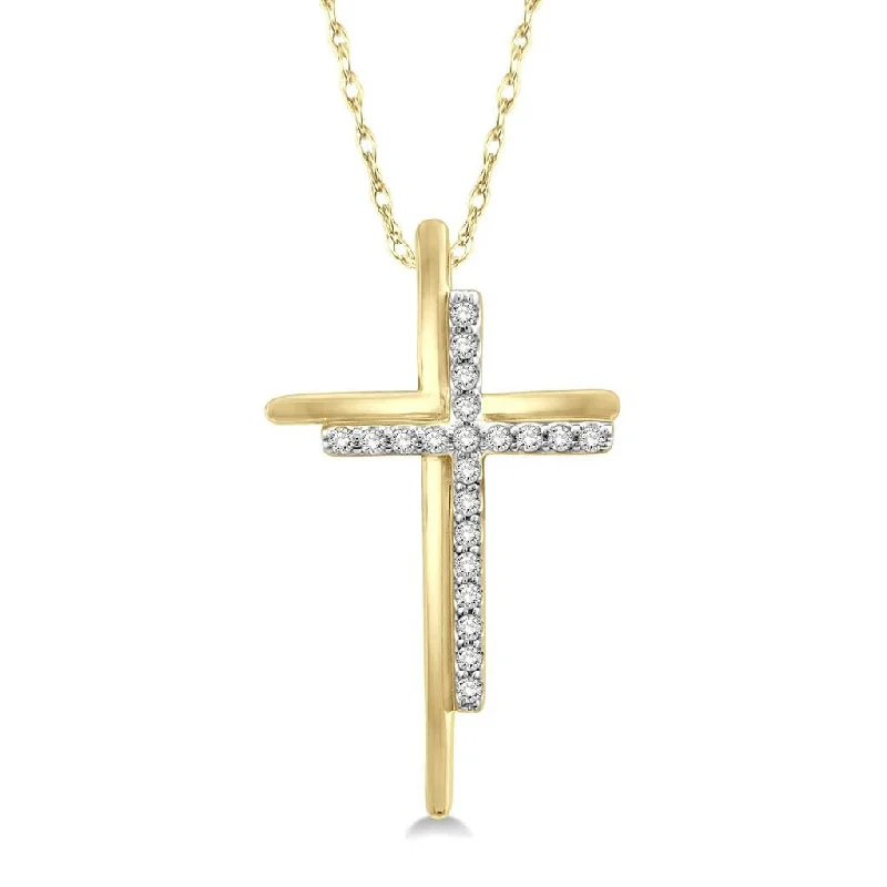 Religious Necklaces-10K Yellow And White Gold Cross Diamond Fashion Pendant Necklace