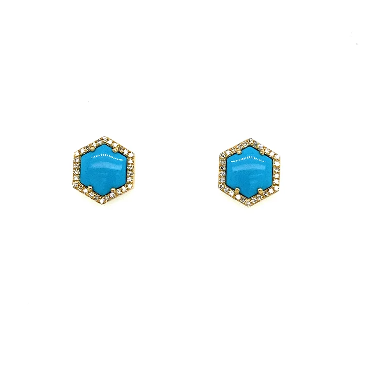 Sparkling Gemstone Stud Earrings-Hexagon Turquoise & Diamond Stud Earrings