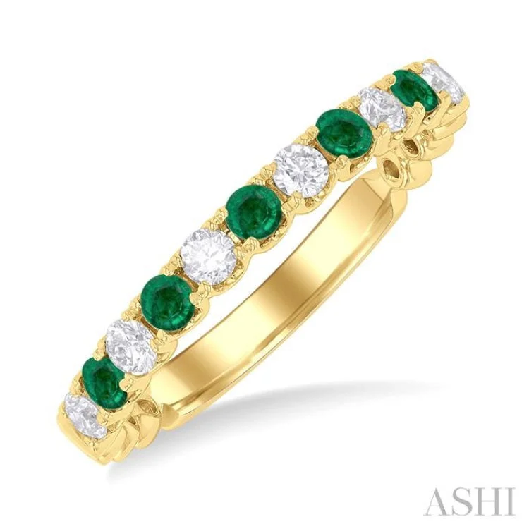 Custom Wedding Bands for Men-2.25 MM Emerald and 1/4 ctw Round Cut Diamond Precious Wedding Band in 14K Yellow Gold