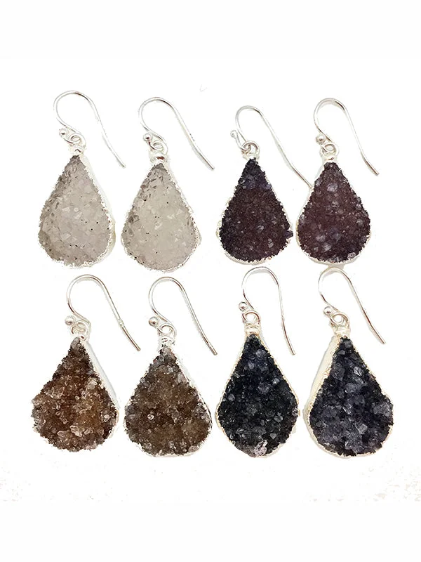 Bold Silver Earrings-Double Druzy Silver Teardrop Earrings