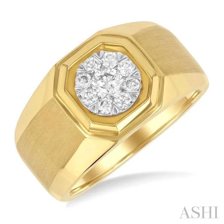 Designer Silver Promise Rings-1/2 ctw Octagonal Shape Lovebright Round Cut Diamond Men's Ring in 14K Yellow and White Gold