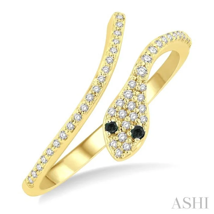 Designer Promise Rings for Women-1/6 ctw Serpent White & Black Round Cut Diamond Petite Open Fashion Ring in 10K Yellow Gold