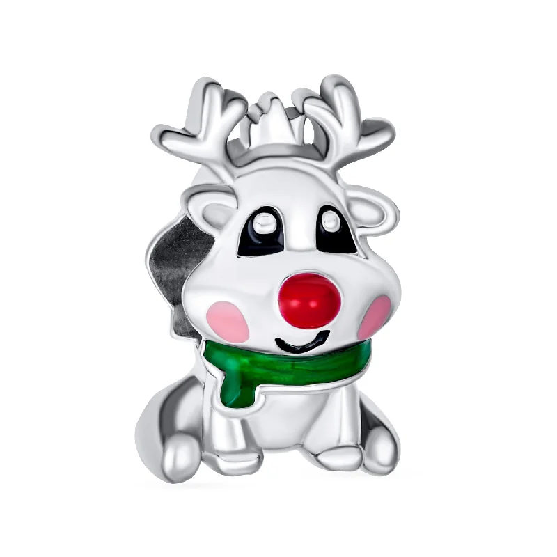 Personalized Birthday Bracelets-Rudolph Red Nose Reindeer Christmas Charm Bead for European Bracelets Sterling Silver