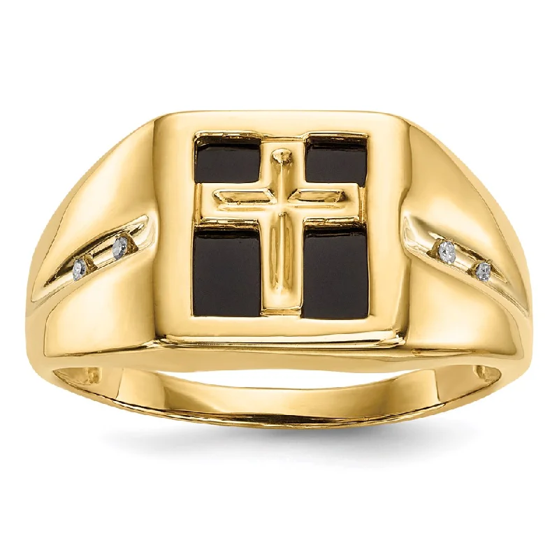 Unique Men’s Wedding Bands-14K Gold w/ Onyx & Real Diamond Cross Christian Religious Men's Ring