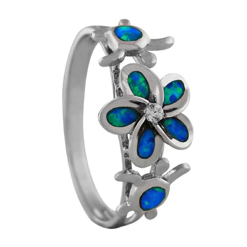 Custom Heart-Shaped Wedding Rings-Sterling Silver Synthetic Opal Plumeria Turtle Ring