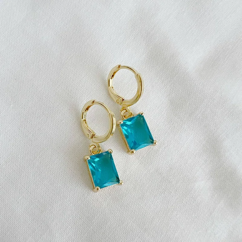 Classic Crystal Drop Earrings-Presley Blue Baguette Huggie Hoops Gold Filled Earrings