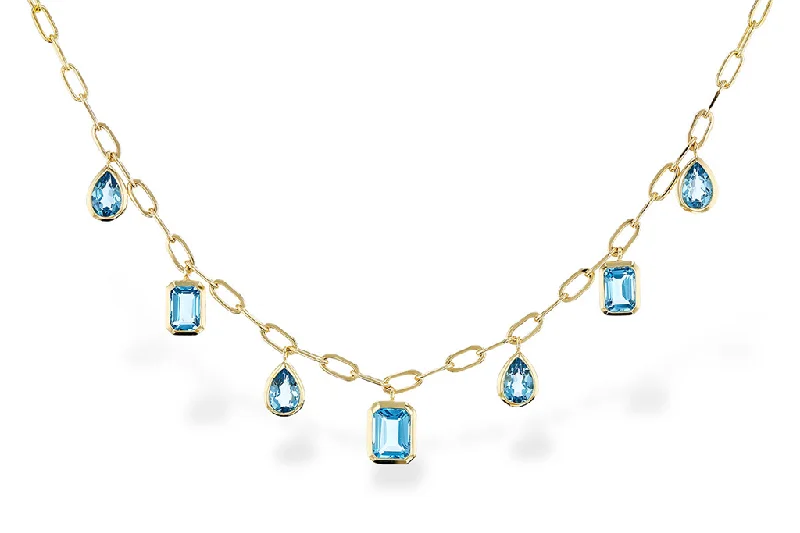 Engraved Name Necklaces-14K Yellow Gold Blue Topaz Dangle Paperclip Necklace