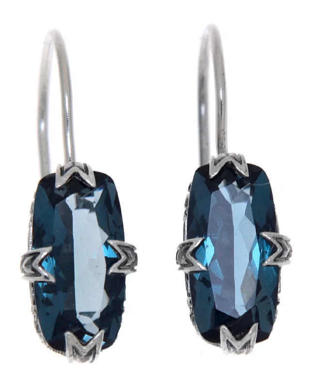 Silver Hoop Earrings with Gemstones-Vintage Inspired London Blue Topaz Leverback Earrings