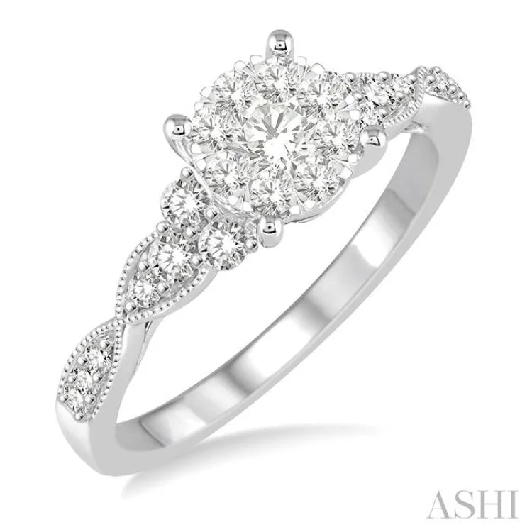 Customizable Engagement Rings for Couples-1/2 ctw Round Cut Diamond Lovebright Engagement Ring in 14K White Gold