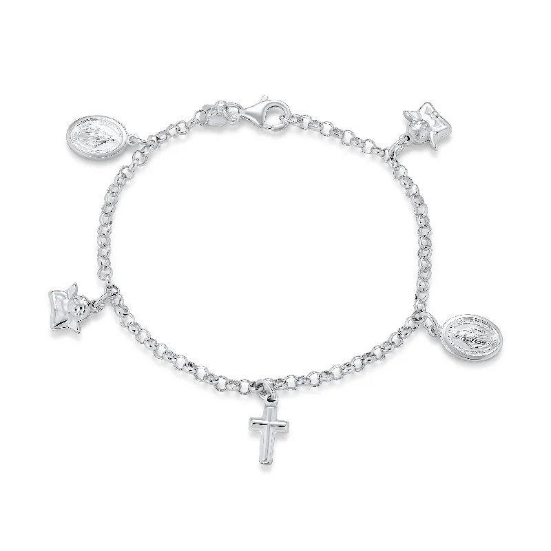 Bracelets for Special Occasions-Multi Charm Religious Anklet Ankle Bracelet Sterling Silver 10" with Crosses & Cherub