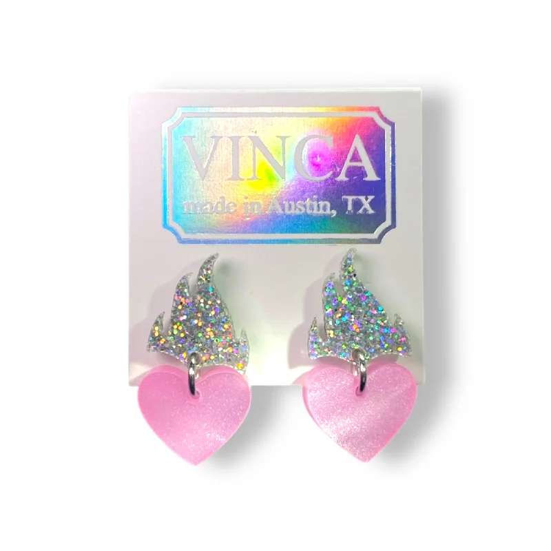 Vintage Gemstone Earrings-Feeling a Little Heart Burn Earrings in Holographic Glitter