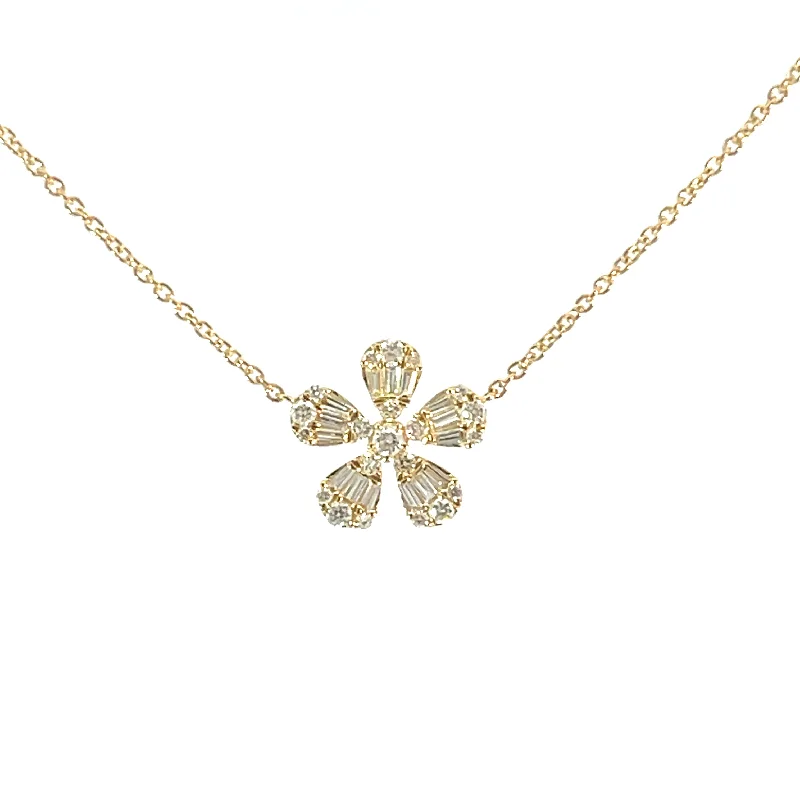 Trendy Pendant Necklaces-Small Solo Baguette & Round Diamond Flower Necklace