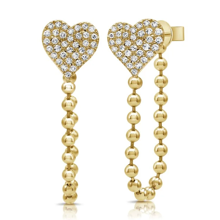 Modern Drop Earrings-Pave Heart Ball Chain Stud