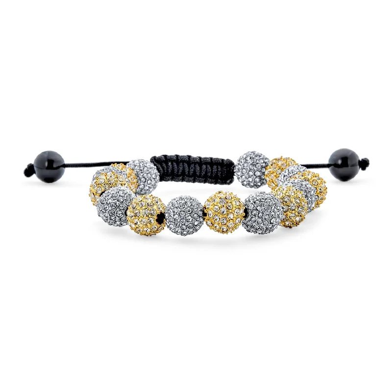 Bold Bracelets for Fashion Lovers-Silver Gold Two Tone Strand Bracelet with 10MM Pave Crystal Disco Ball for Men