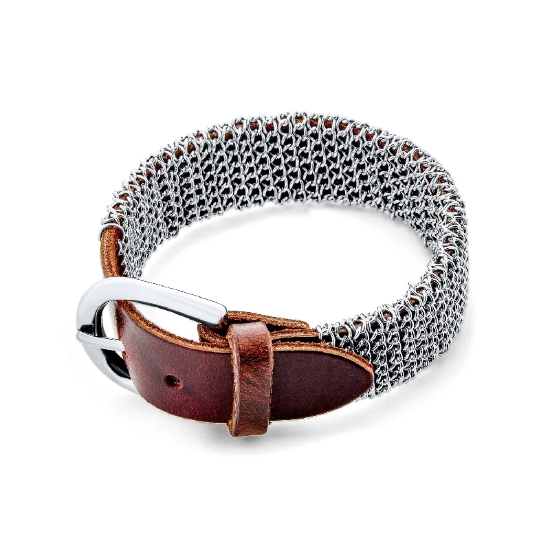 Statement Bracelets for Special Occasions-Hip Hop Wrap Bracelet Punk Rocker Metal Mesh Chain with Brown Leather Buckle