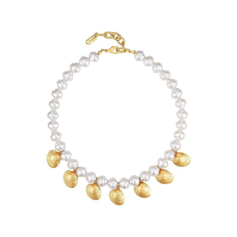 Stainless Steel Necklaces-Jumbo Gold Shell Pearl Necklace