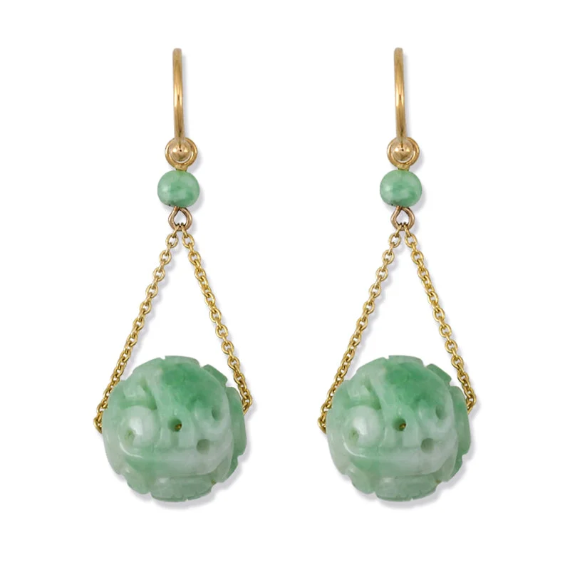 Modern Gemstone Earrings-Carved Jade Bead Dangle Earrings