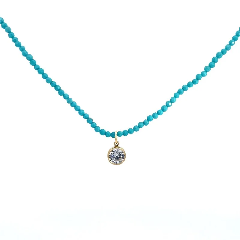 Simple Necklaces-Yellow Gold Filled Beaded Necklace With 3mm Teal Magnesite And CZ Bezel