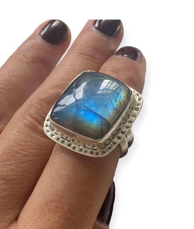 Custom Birthstone Wedding Bands for Her-June: Labradorite Sterling Silver Ring size 9