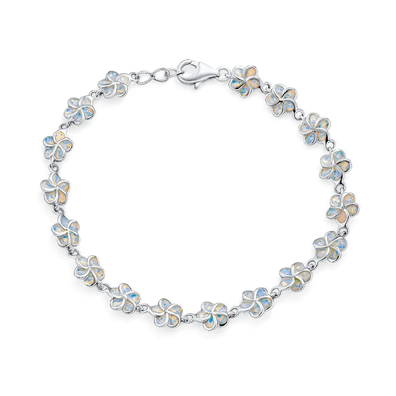 Simple Silver Bangles for Women-Plumeria Hawaiian Flower White Created Opal Link Bracelet Silver