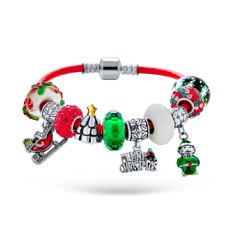 Cute Bracelets for Girls-Merry Christmas Tree Elf Sleigh Candy Cane Beads Multi Charm Bracelet Red Leather