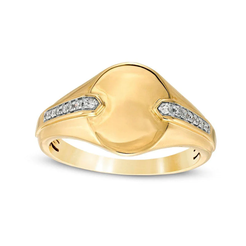 Customizable Promise Wedding Ring Sets-Men's 0.10 CT. T.W. Natural Diamond Chevron Shank Overlay Oval Signet Ring in Solid 10K Yellow Gold