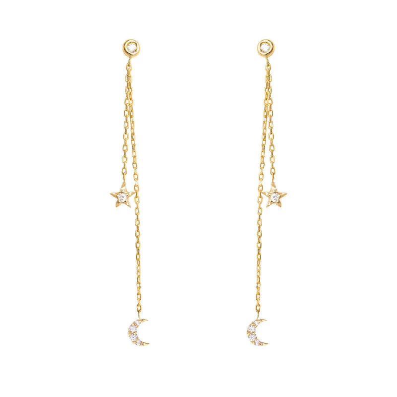 Elegant Gold Dangle Earrings-Dancing Celestial Duo 18K Gold Earring w. Diamonds