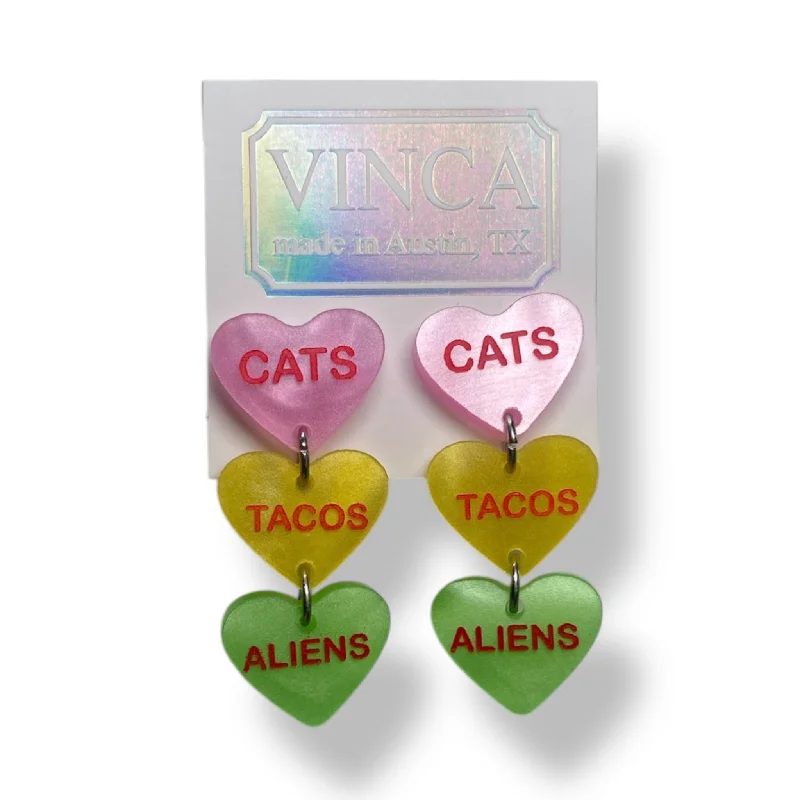 Statement Drop Earrings-Cats Tacos Aliens Candy Heart Dangle Earrings