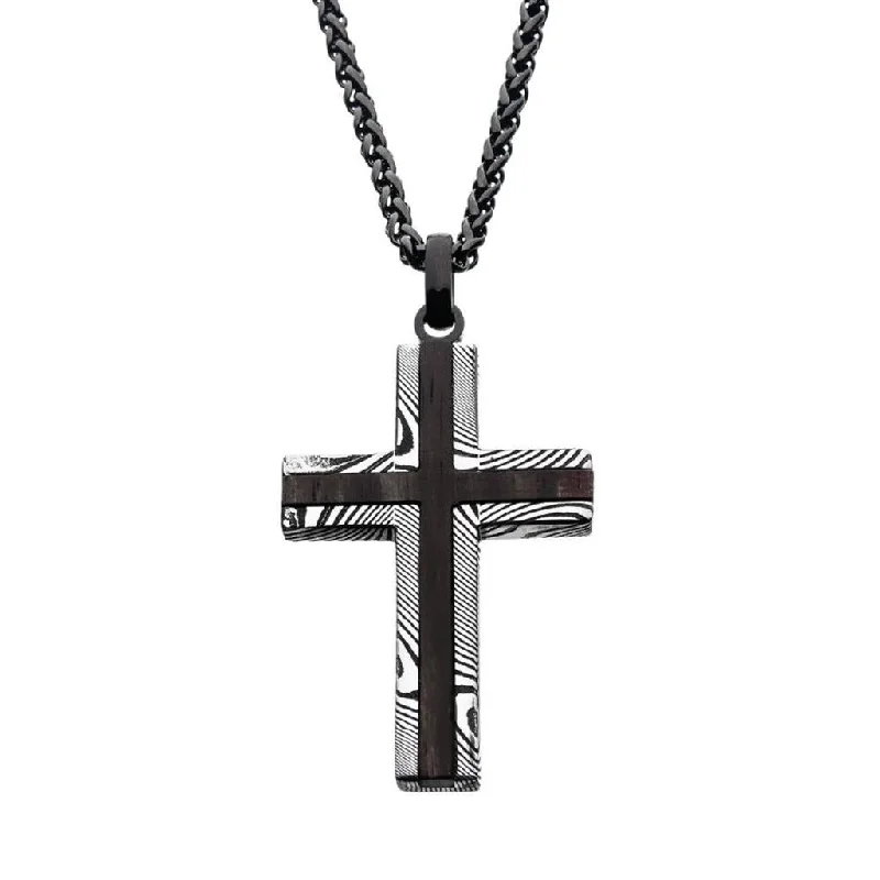 Custom Name Necklaces-Black IP Stainless Steel Damascus Cross Necklace