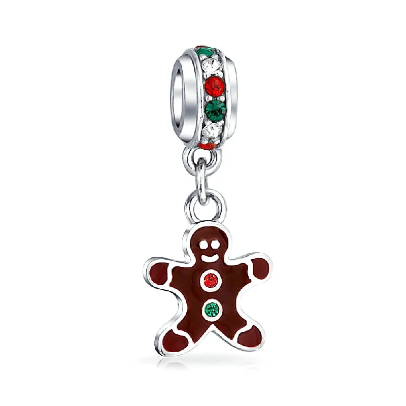 Colorful Bracelets for Summer-Christmas Charm Bead Gingerbread Man Cookie Brown Enamel Sterling Silver Bracelet