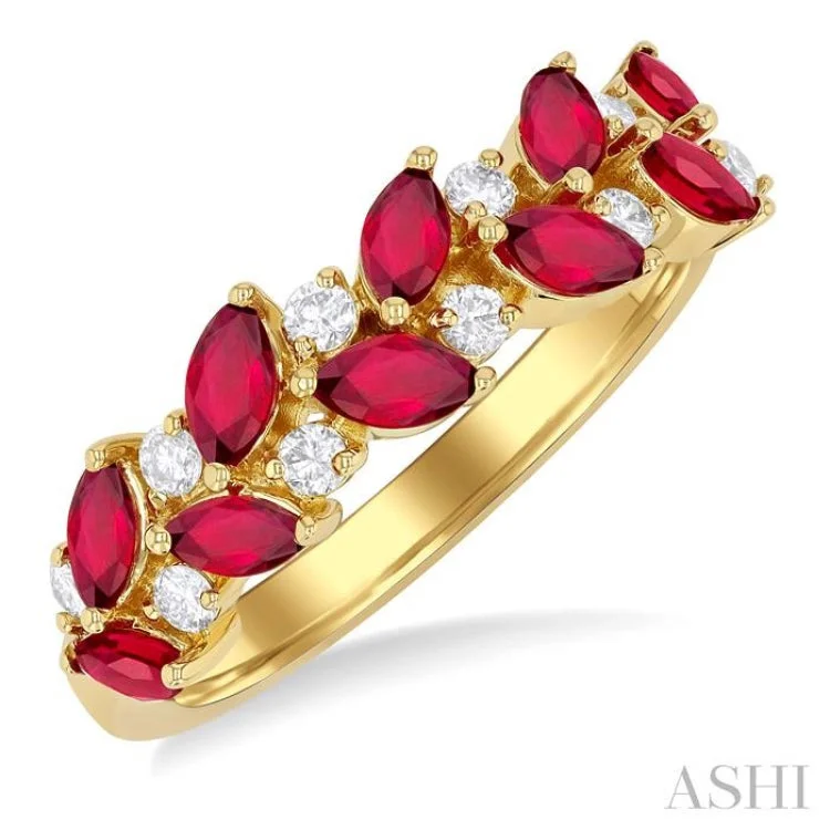 Luxury Wedding Bands with Diamonds-4X2 MM Leafy Marquise Cut Ruby and 1/5 ctw Round Cut Diamond Precious Band in 14K Yellow Gold