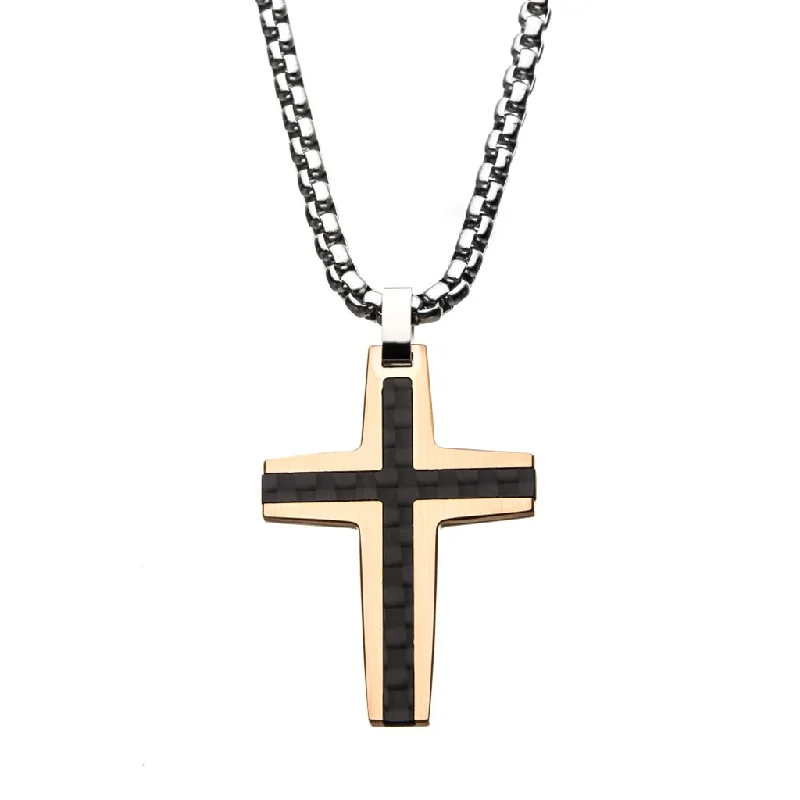 Adjustable Chain Necklaces-Black And Rose Gold IP With Carbon Fiber Link Inlay Cross Pendant Necklace