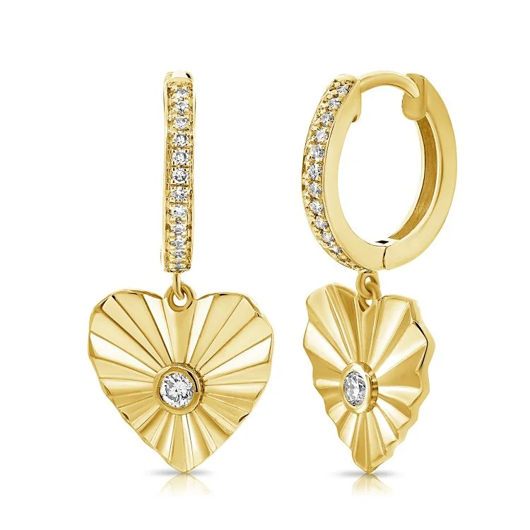 Luxury Gold Earrings-Fluted Diamond Heart Huggies