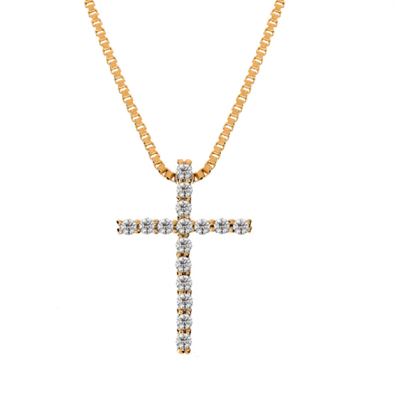 Sun Necklaces-14K Yellow Gold Natural Diamonds Cross Pendant Necklace