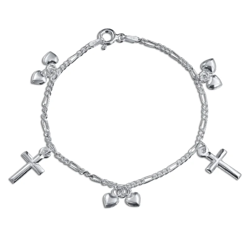 Rose Gold Bracelets for Her-Christian Chain Link Bracelet with Cross & Heart Charms Sterling Silver 6-7 Inch