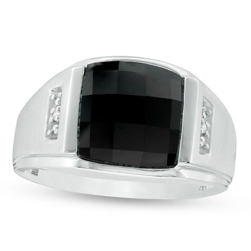 Custom Classic Wedding Rings for Men-Men's Rectangle Faceted Onyx and Natural Diamond Accent Multi-Finish Ring in Solid 10K White Gold