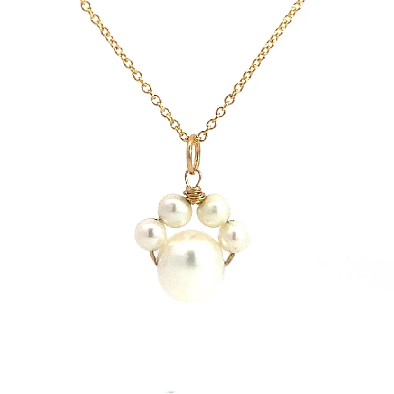 Retro Necklaces-Yellow Gold Filled Puppy Paw Necklace With 6mm Pearl And Wire Wrapped 5mm Pearl