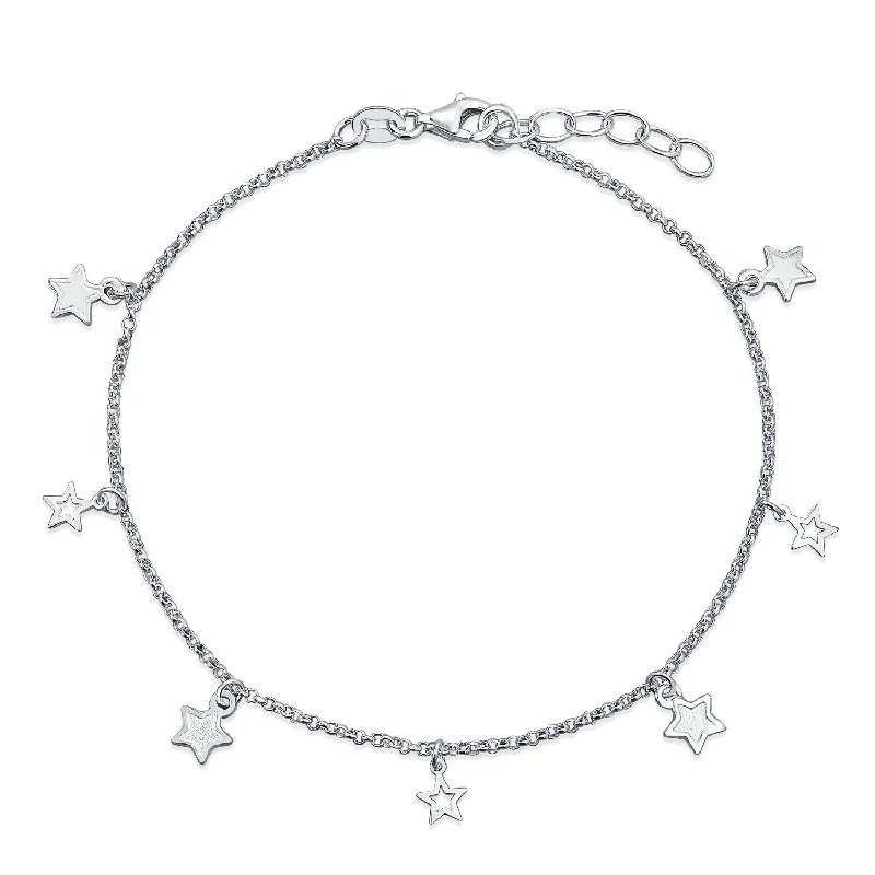 Bracelets for Special Occasions-Patriotic Celestial Star Anklet Ankle Bracelet with Charms Sterling Silver Rolo Chain