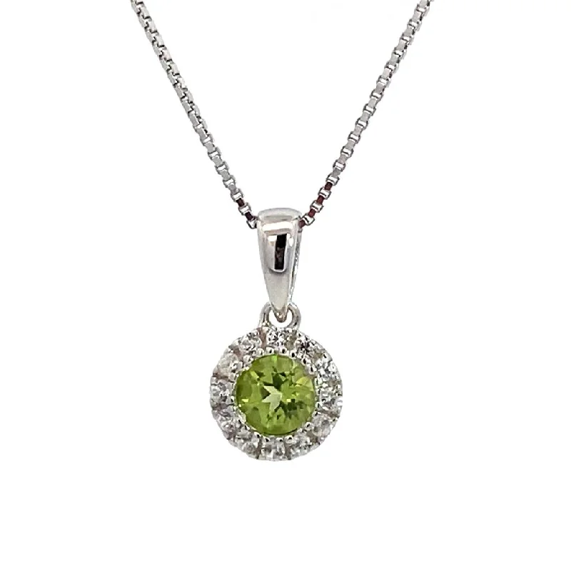 Sapphire Necklaces-August Birthstone Pendant: Sterling Silver Peridot Halo Pendant Necklace