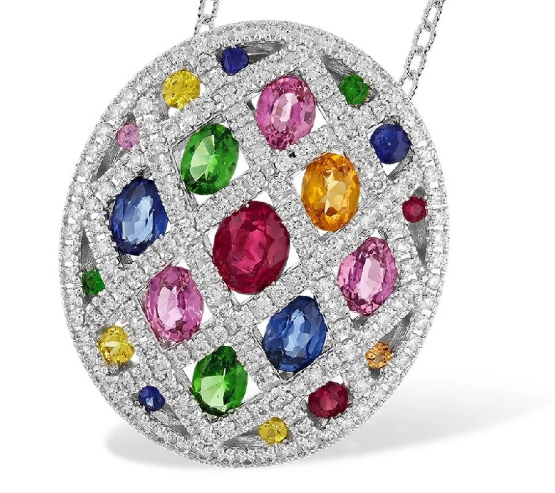 Engraved Name Necklaces-14K White Gold Multicolored Stone And Diamond Oval Pendant Necklace