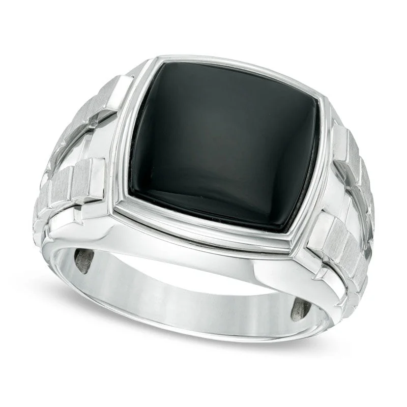 Designer Vintage Engagement Rings for Men-Men's 13.0mm Square-Cut Onyx Ring in Sterling Silver