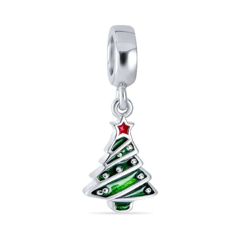 Geometric Bracelets for Women-Christmas Charm Bead Red Star & Green Tree Dangle Enamel Sterling Silver for Bracelets