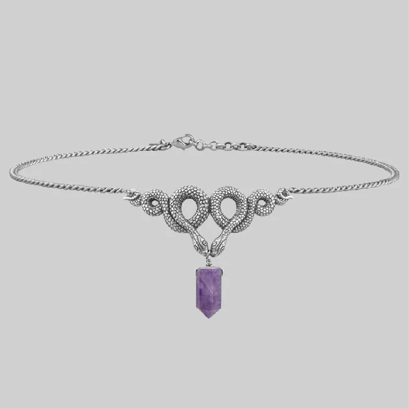 Fathers Day Necklaces-A DARK LURE. Snake & Amethyst Gemstone Chain Choker