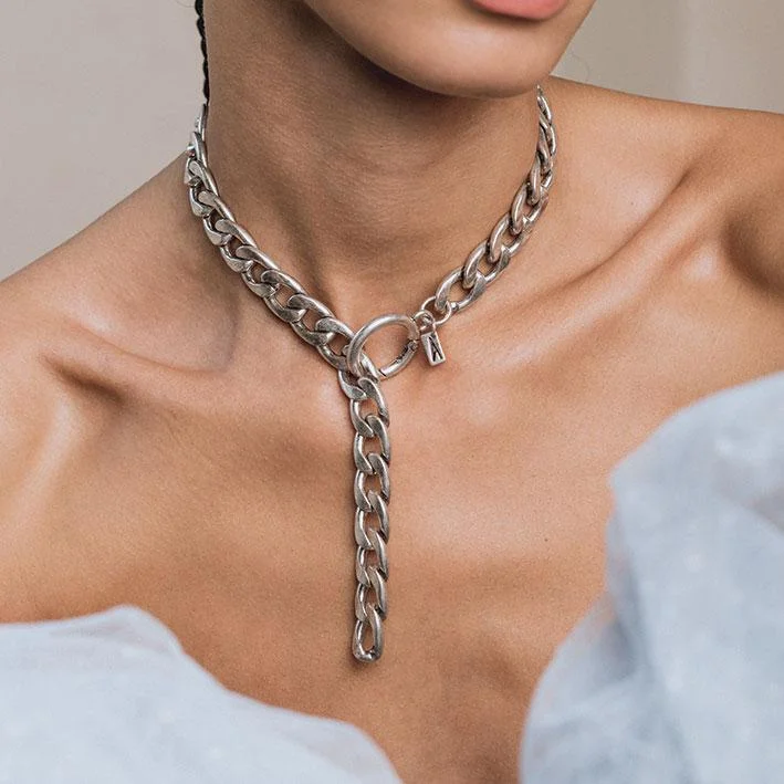 Wedding Necklaces-XO. Chunky Chain & Circle Clasp Necklace - Silver