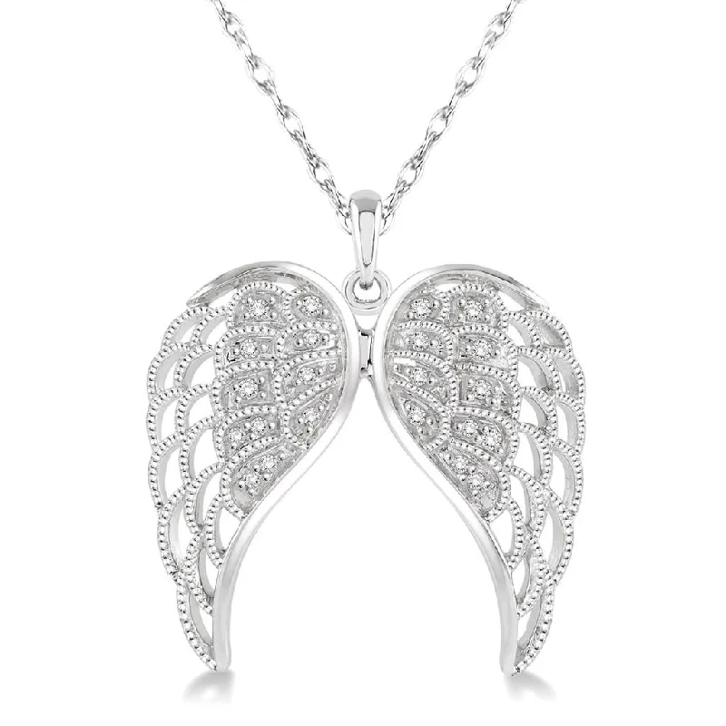 Wedding Pendant Necklaces-Sterling Silver Diamond Angel Wing Pendant Necklace