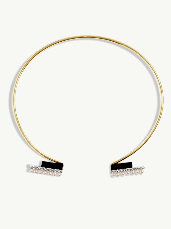 Fine Silver Necklaces-Invidia Black Onyx Column & Pavé White Diamond Collar Necklace With Pearls In 18K Yellow Gold