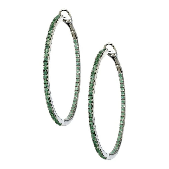 Simple Designer Earrings-Mary Hoops Silver Green Diamonds 1.5mm