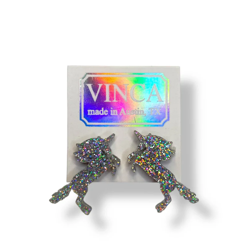 Designer Silver Hoop Earrings-Large Unicorn Earrings in Glitter Hologram