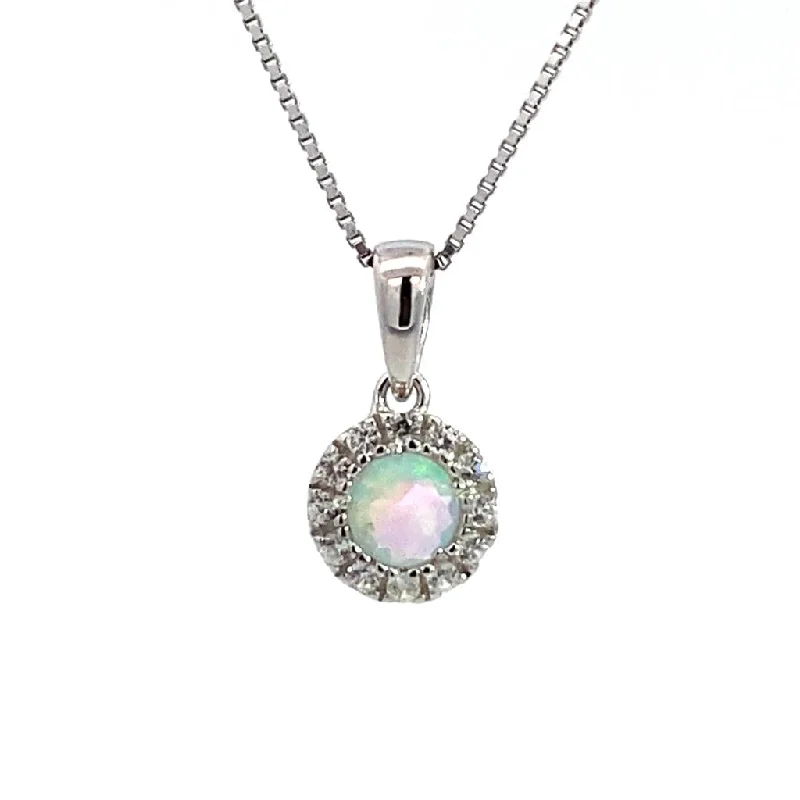 Sapphire Necklaces-October Birthstone Pendant: Sterling Silver Synthetic Opal Halo Pendant Necklace