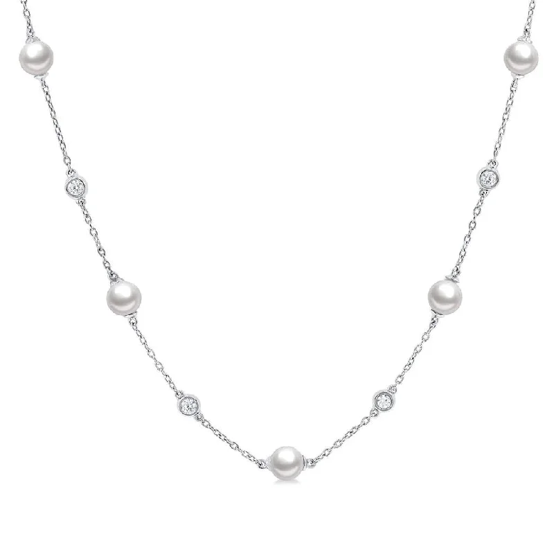 Trendy Choker Necklaces-14K White Gold Pearl And Diamond Station Necklace